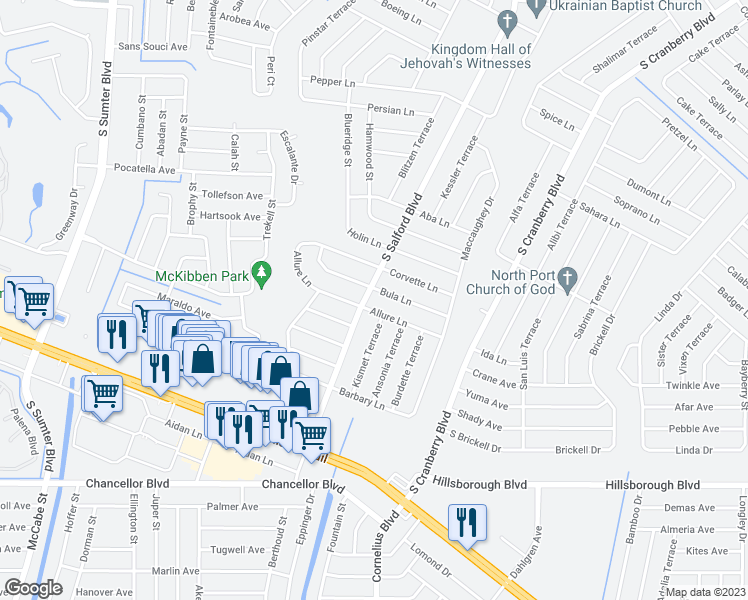 map of restaurants, bars, coffee shops, grocery stores, and more near 5250 South Salford Boulevard in North Port