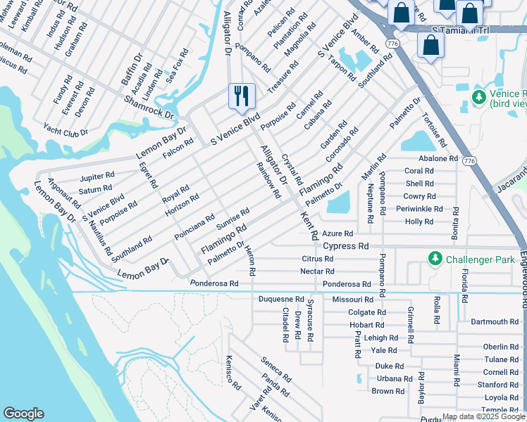 map of restaurants, bars, coffee shops, grocery stores, and more near 908 Sunrise Road in Venice