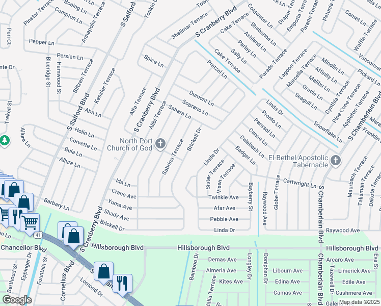 map of restaurants, bars, coffee shops, grocery stores, and more near 4850 Brickell Drive in North Port