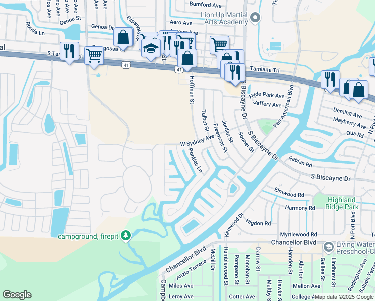 map of restaurants, bars, coffee shops, grocery stores, and more near 8591 West Sydney Avenue in North Port