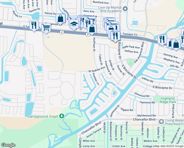 map of restaurants, bars, coffee shops, grocery stores, and more near 8591 West Sydney Avenue in North Port