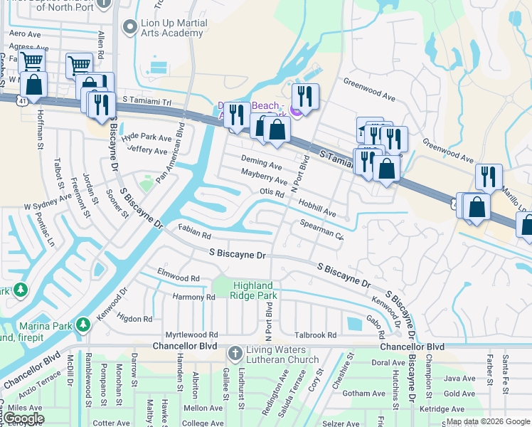 map of restaurants, bars, coffee shops, grocery stores, and more near 6066 Slade Road in North Port