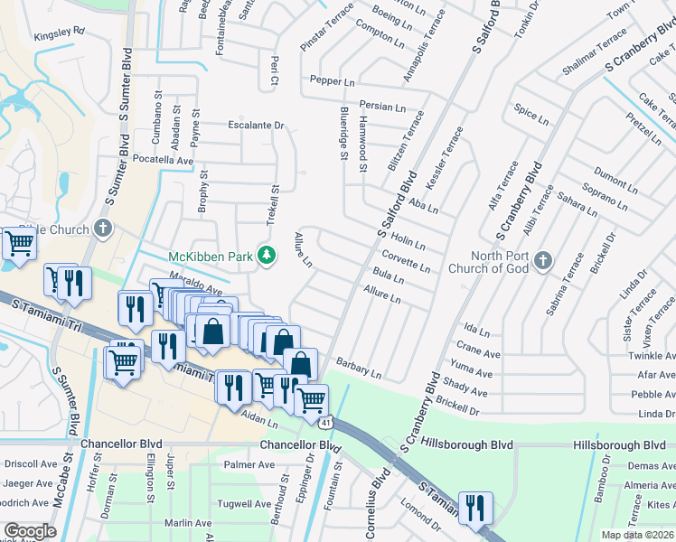 map of restaurants, bars, coffee shops, grocery stores, and more near 4019 Bula Lane in North Port