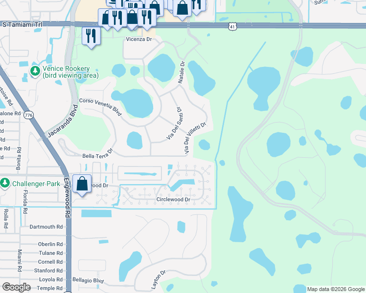 map of restaurants, bars, coffee shops, grocery stores, and more near 4386 Via Del Villetti Drive in Venice