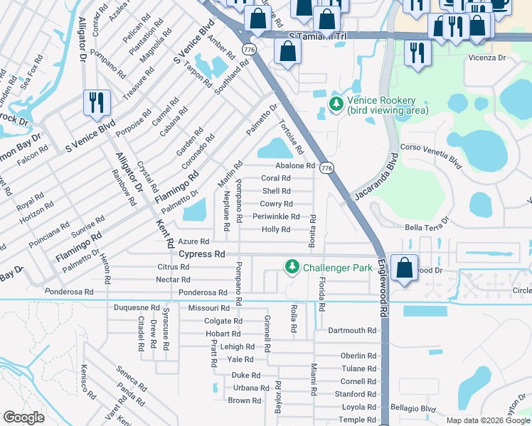 map of restaurants, bars, coffee shops, grocery stores, and more near 327 Cowry Road in Venice