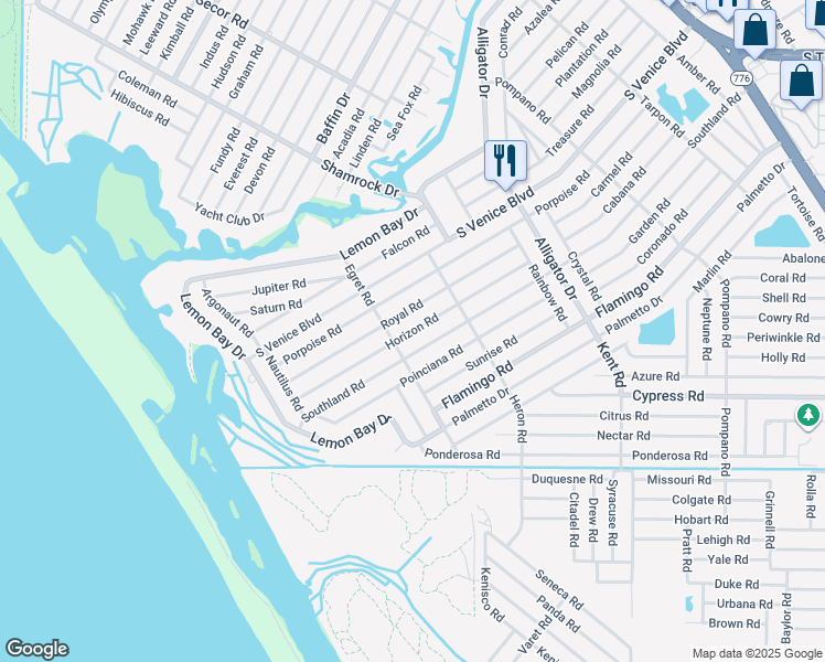 map of restaurants, bars, coffee shops, grocery stores, and more near Horizon Road in Venice