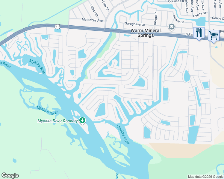 map of restaurants, bars, coffee shops, grocery stores, and more near 616 Blackburn Boulevard in North Port