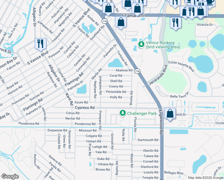 map of restaurants, bars, coffee shops, grocery stores, and more near 327 Cowry Road in Venice