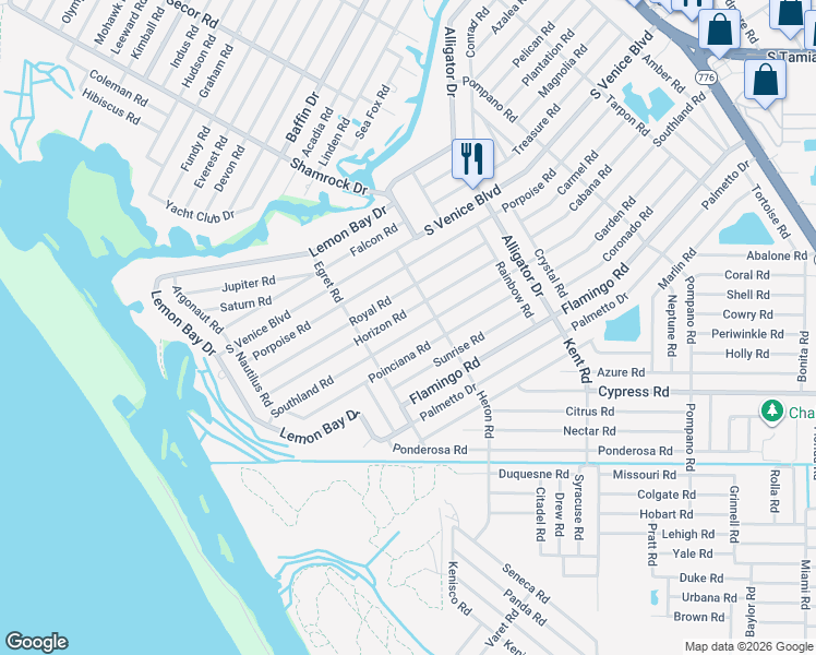 map of restaurants, bars, coffee shops, grocery stores, and more near 1140 Southland Road in Venice