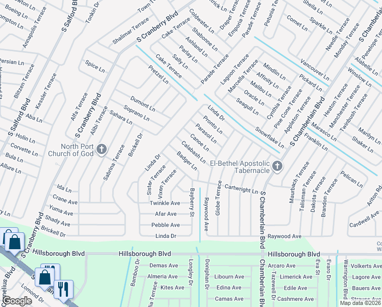 map of restaurants, bars, coffee shops, grocery stores, and more near 2697 Calabash Lane in North Port