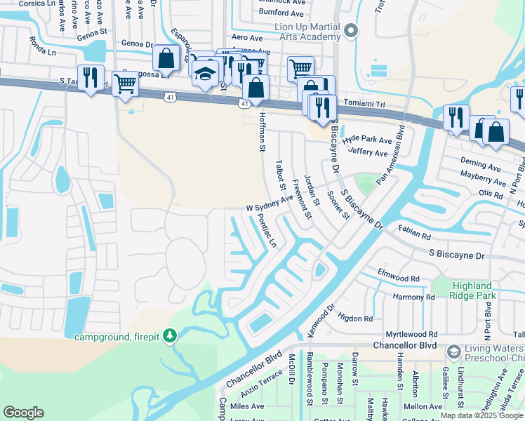 map of restaurants, bars, coffee shops, grocery stores, and more near 8591 West Sydney Avenue in North Port