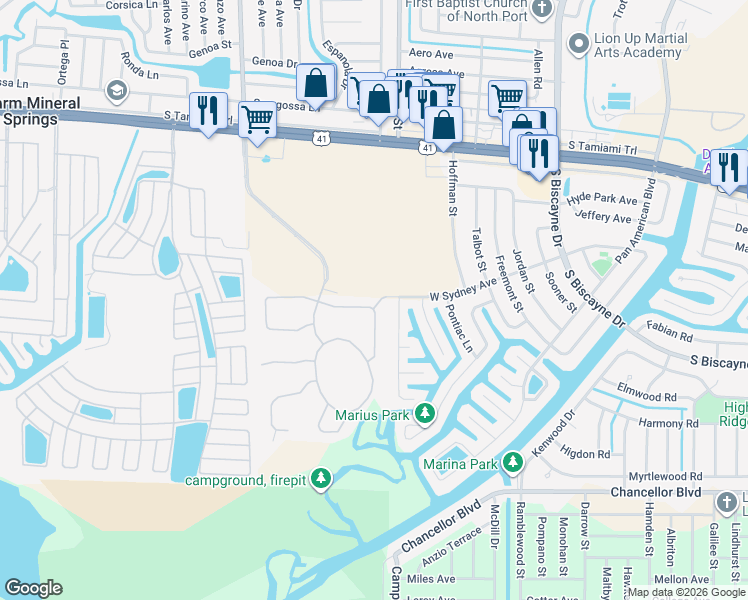 map of restaurants, bars, coffee shops, grocery stores, and more near 6280 Falcon Lair Drive in North Port