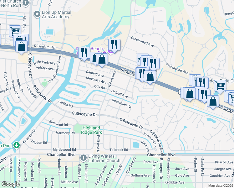 map of restaurants, bars, coffee shops, grocery stores, and more near 5945 Hobhill Avenue in North Port