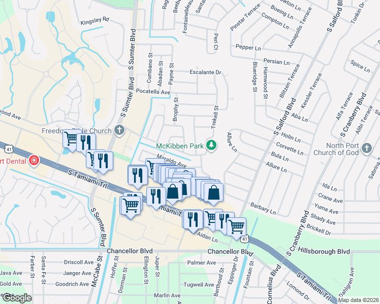 map of restaurants, bars, coffee shops, grocery stores, and more near 4450 McKibben Drive in North Port