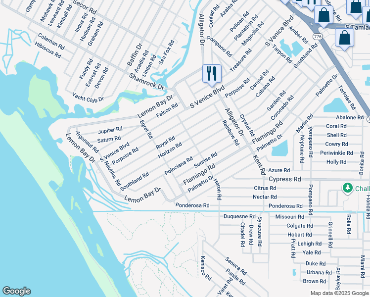 map of restaurants, bars, coffee shops, grocery stores, and more near 1140 Southland Road in Venice