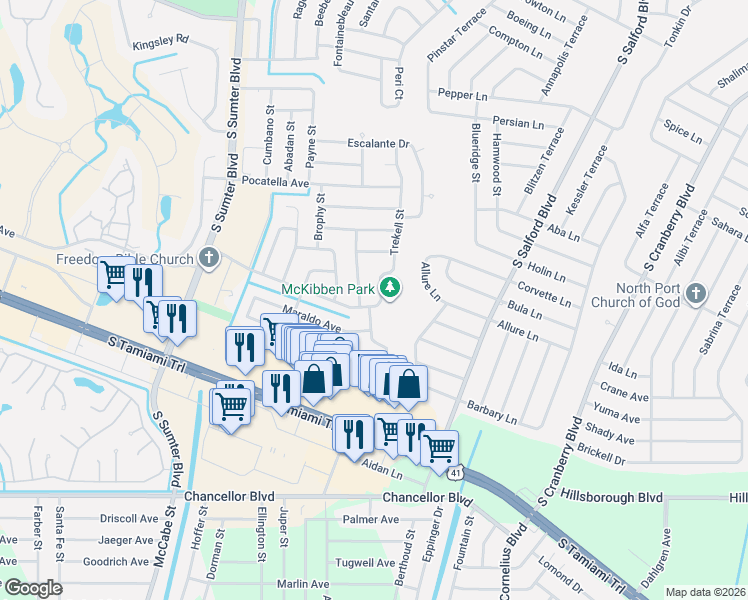 map of restaurants, bars, coffee shops, grocery stores, and more near 5500 Trekell Street in North Port