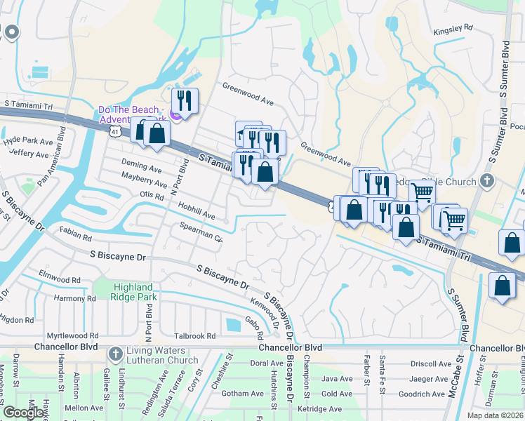 map of restaurants, bars, coffee shops, grocery stores, and more near 5711 Gallatin Lane in North Port