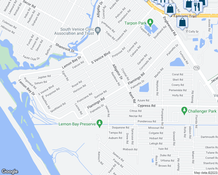 map of restaurants, bars, coffee shops, grocery stores, and more near 908 Sunrise Road in Venice