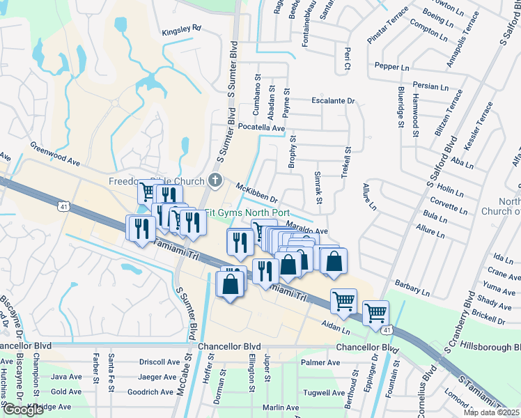 map of restaurants, bars, coffee shops, grocery stores, and more near 4656 Maraldo Avenue in North Port