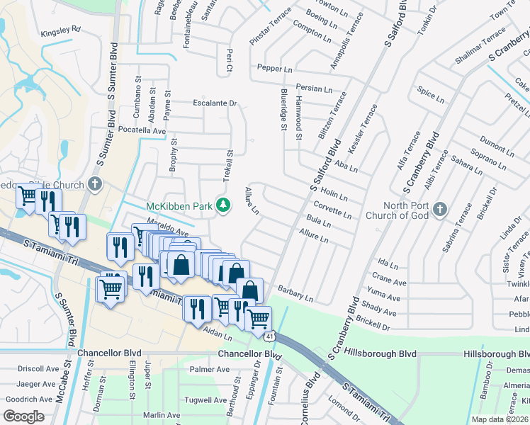 map of restaurants, bars, coffee shops, grocery stores, and more near 4098 Allure Lane in North Port