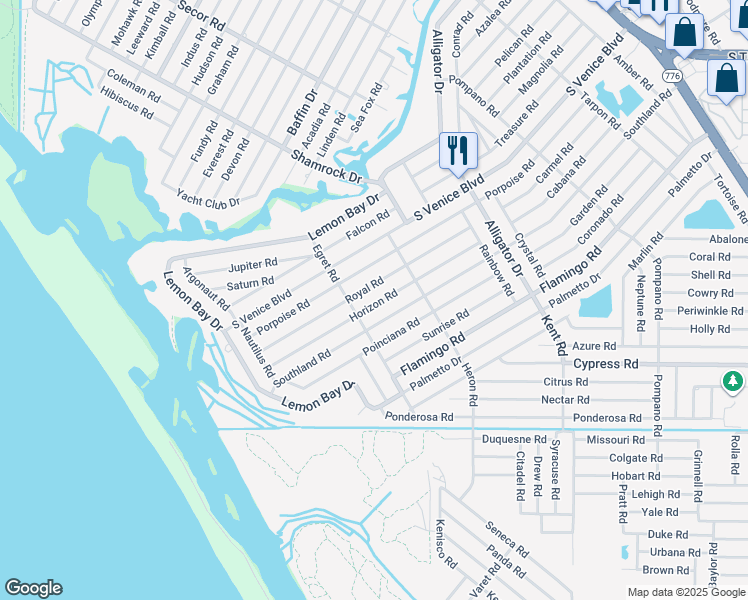 map of restaurants, bars, coffee shops, grocery stores, and more near 1216 Horizon Road in Venice