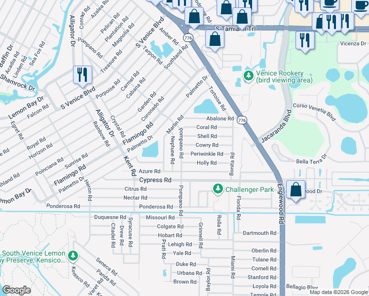 map of restaurants, bars, coffee shops, grocery stores, and more near 4748 Pompano Road in Venice