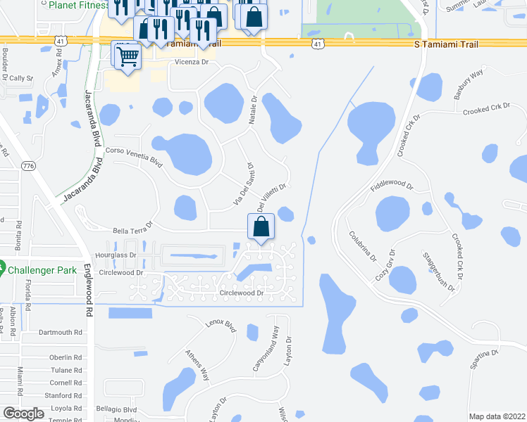 map of restaurants, bars, coffee shops, grocery stores, and more near 4386 Via Del Villetti Drive in Venice