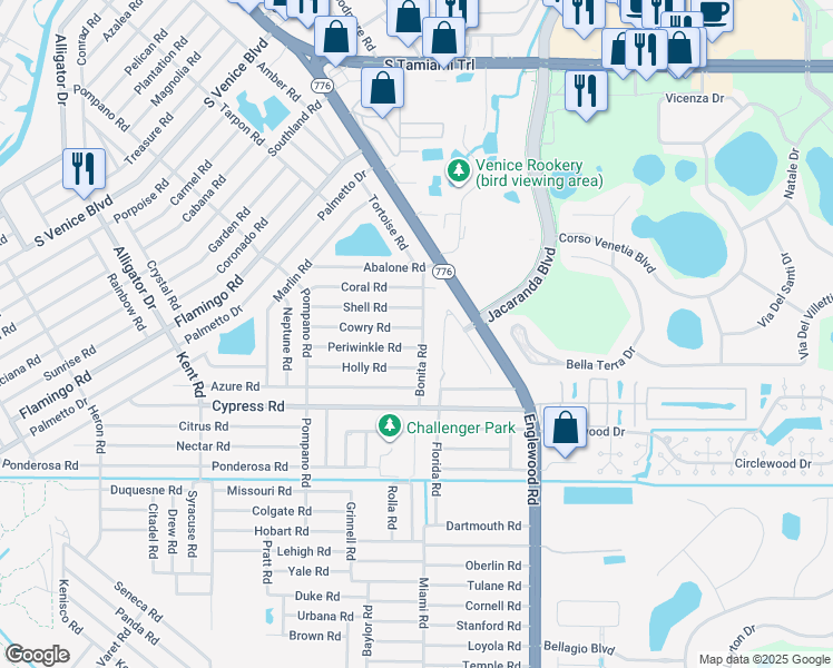 map of restaurants, bars, coffee shops, grocery stores, and more near 145 Cowry Road in Venice