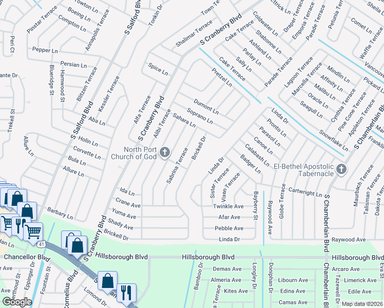 map of restaurants, bars, coffee shops, grocery stores, and more near 4700 Brickell Drive in North Port