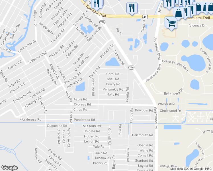 map of restaurants, bars, coffee shops, grocery stores, and more near 327 Cowry Road in Venice