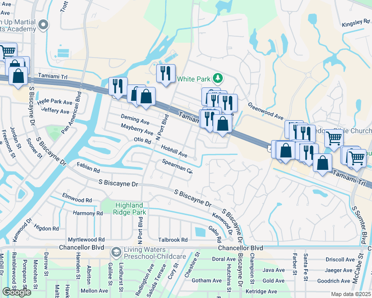 map of restaurants, bars, coffee shops, grocery stores, and more near 5893 Mayberry Avenue in North Port