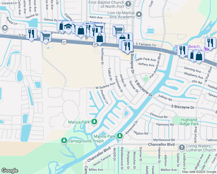 map of restaurants, bars, coffee shops, grocery stores, and more near 6327 Talbot Street in North Port