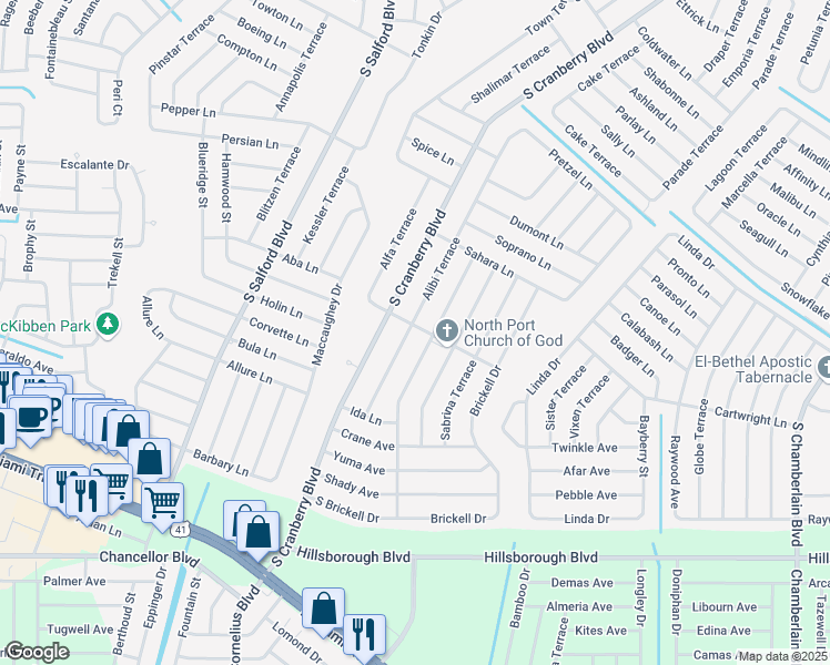 map of restaurants, bars, coffee shops, grocery stores, and more near 5024 Alibi Terrace in North Port