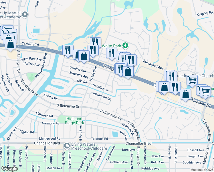 map of restaurants, bars, coffee shops, grocery stores, and more near 5893 Mayberry Avenue in North Port