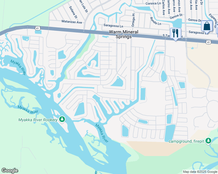 map of restaurants, bars, coffee shops, grocery stores, and more near 115 Lakeview Drive in North Port