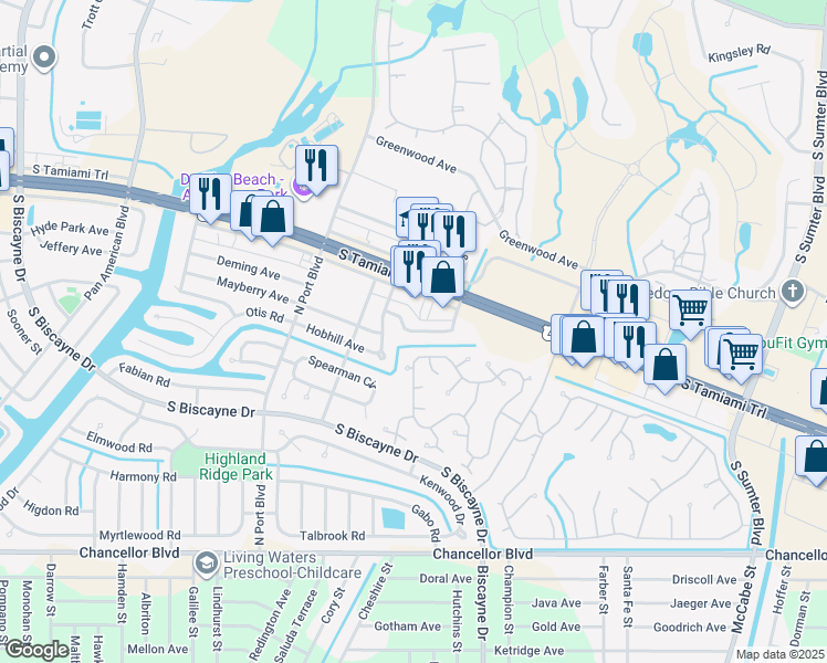 map of restaurants, bars, coffee shops, grocery stores, and more near Gallatin Lane in North Port