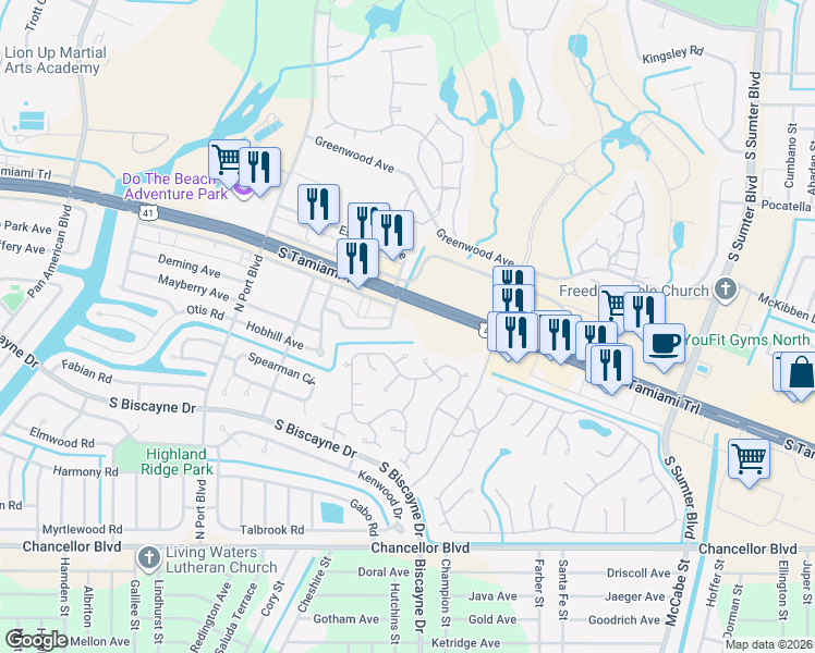 map of restaurants, bars, coffee shops, grocery stores, and more near 14600 Tamiami Trail in North Port