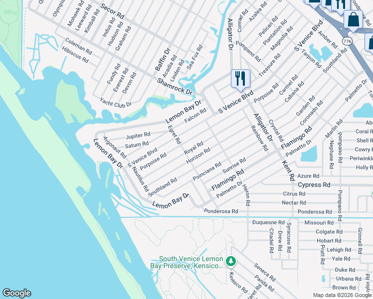 map of restaurants, bars, coffee shops, grocery stores, and more near 1316 Royal Road in Venice