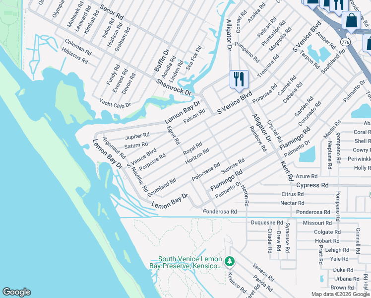 map of restaurants, bars, coffee shops, grocery stores, and more near 1316 Royal Road in Venice