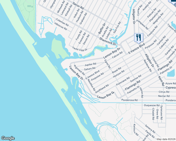 map of restaurants, bars, coffee shops, grocery stores, and more near 1620 Falcon Road in Venice