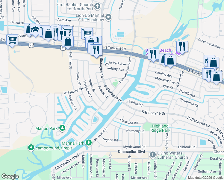 map of restaurants, bars, coffee shops, grocery stores, and more near 6390 South Biscayne Drive in North Port
