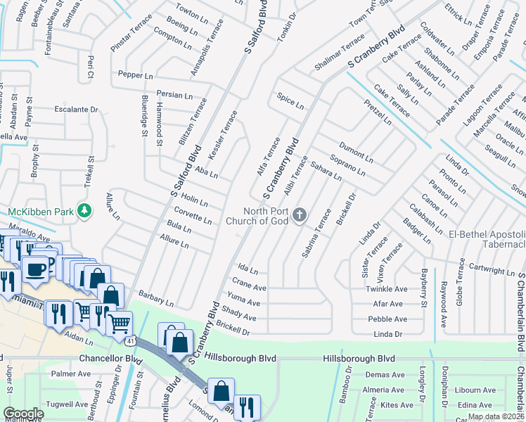 map of restaurants, bars, coffee shops, grocery stores, and more near 5024 Alibi Terrace in North Port