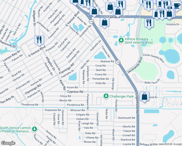 map of restaurants, bars, coffee shops, grocery stores, and more near 327 Cowry Road in Venice