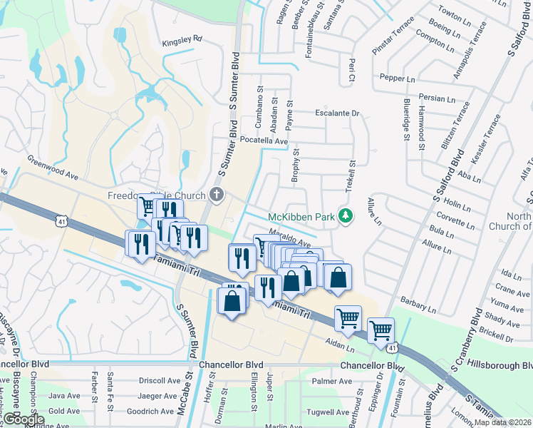map of restaurants, bars, coffee shops, grocery stores, and more near 4656 Maraldo Avenue in North Port