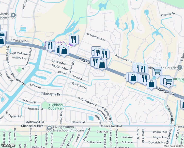 map of restaurants, bars, coffee shops, grocery stores, and more near 5775 Gallatin Lane in North Port
