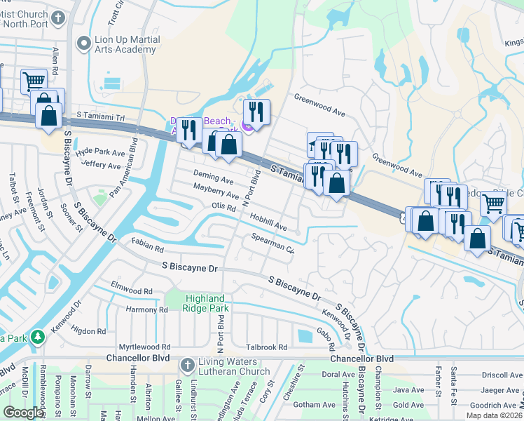 map of restaurants, bars, coffee shops, grocery stores, and more near 5945 Hobhill Avenue in North Port