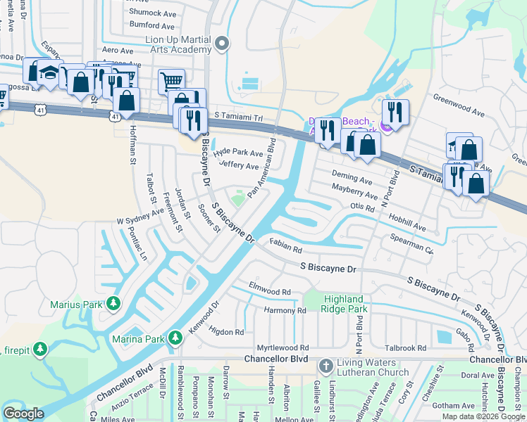 map of restaurants, bars, coffee shops, grocery stores, and more near 6374 Safford Terrace in North Port