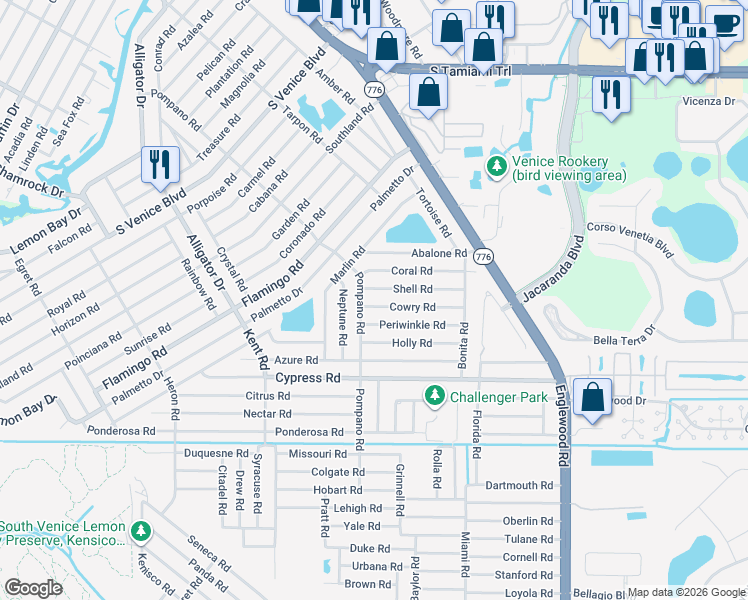 map of restaurants, bars, coffee shops, grocery stores, and more near 327 Cowry Road in Venice