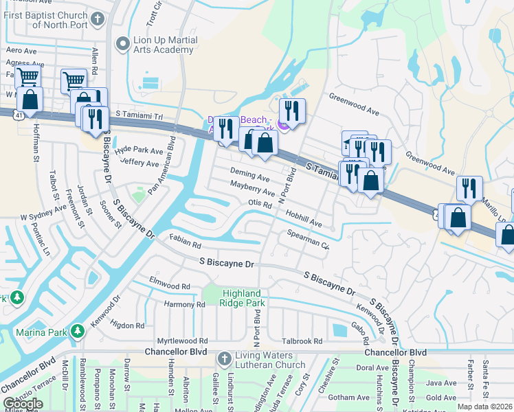 map of restaurants, bars, coffee shops, grocery stores, and more near 6066 Slade Road in North Port