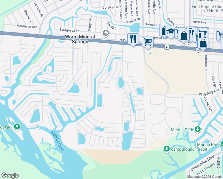 map of restaurants, bars, coffee shops, grocery stores, and more near 313 Robalo in North Port